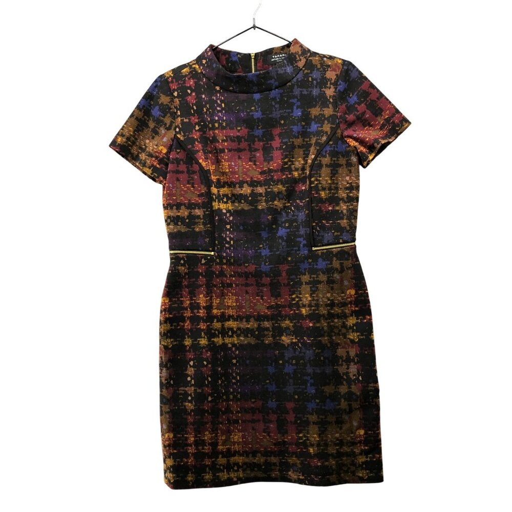 Tahari Sheath Dress Womens‎ 4P Short Sleeve Plaid Black Multicolor Autumn Fall